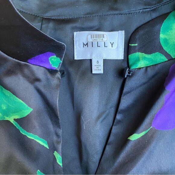 Milly Black Silk Feel Floral Dress Cutout Back Size 8 - Picture 4 of 6